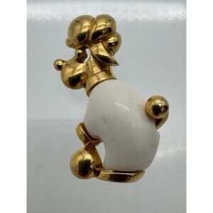 Vintage Crown Trifari brooch pin Poodle Dog White Gold Toned Cute French Lapel